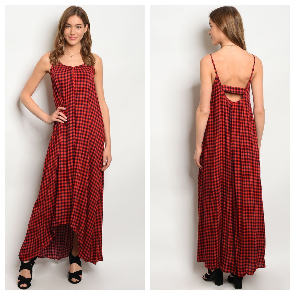 Red gingham dress, red checkered maxi dresses